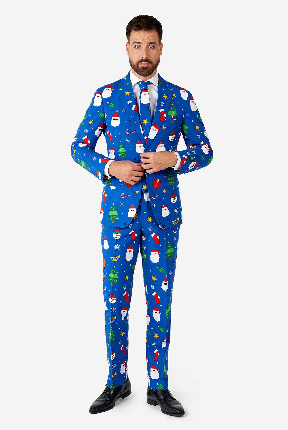 Man draagt ​​een blauw kerstpak