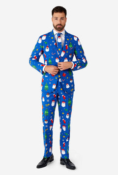 Man draagt ​​een blauw kerstpak