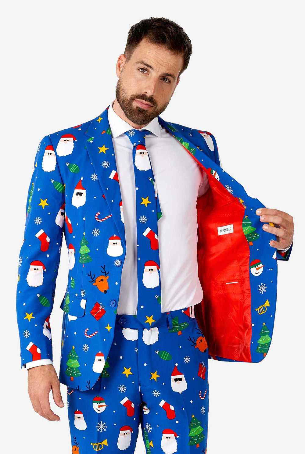 Man draagt ​​een blauw kerstpak