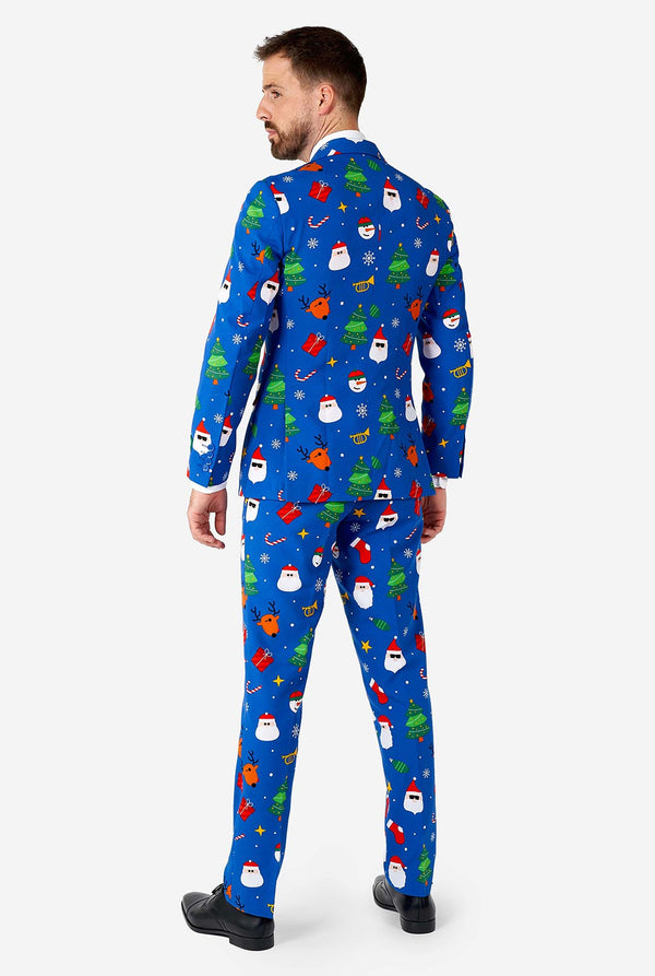 Man draagt ​​een blauw kerstpak uitzicht vanaf de achterkant
