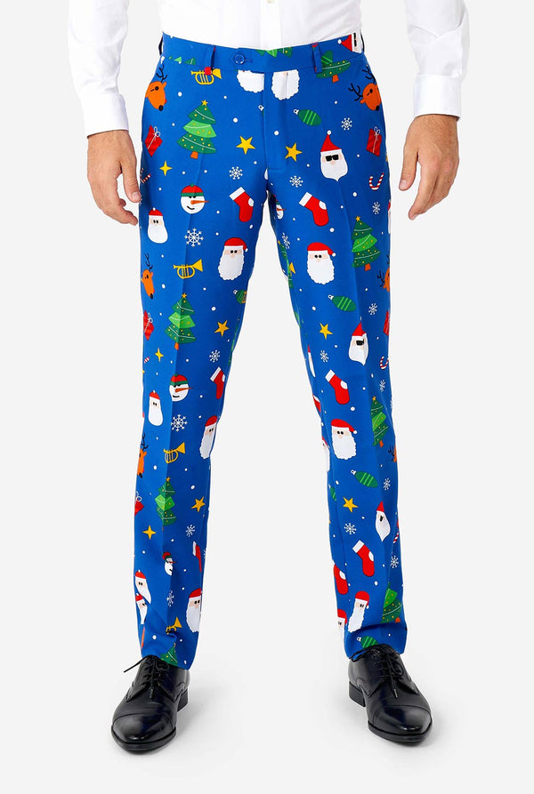 Man draagt ​​een blauw kerstpak, uitzicht op een broek