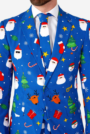 Man draagt ​​een blauw kerstpak close -up uitzicht