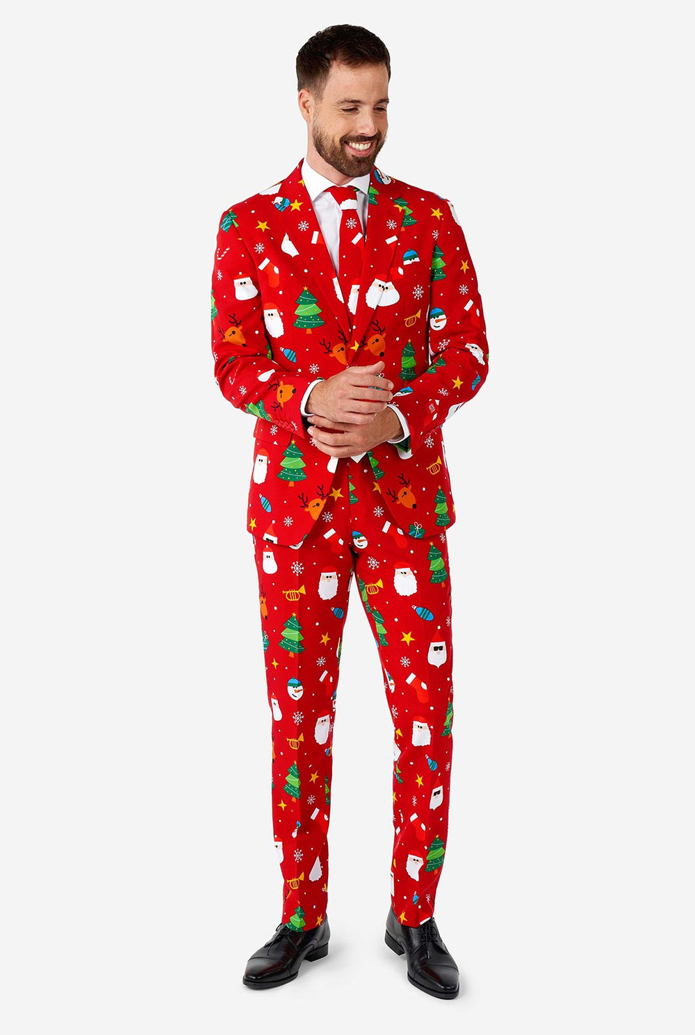 Man draagt ​​een rood kerstpak