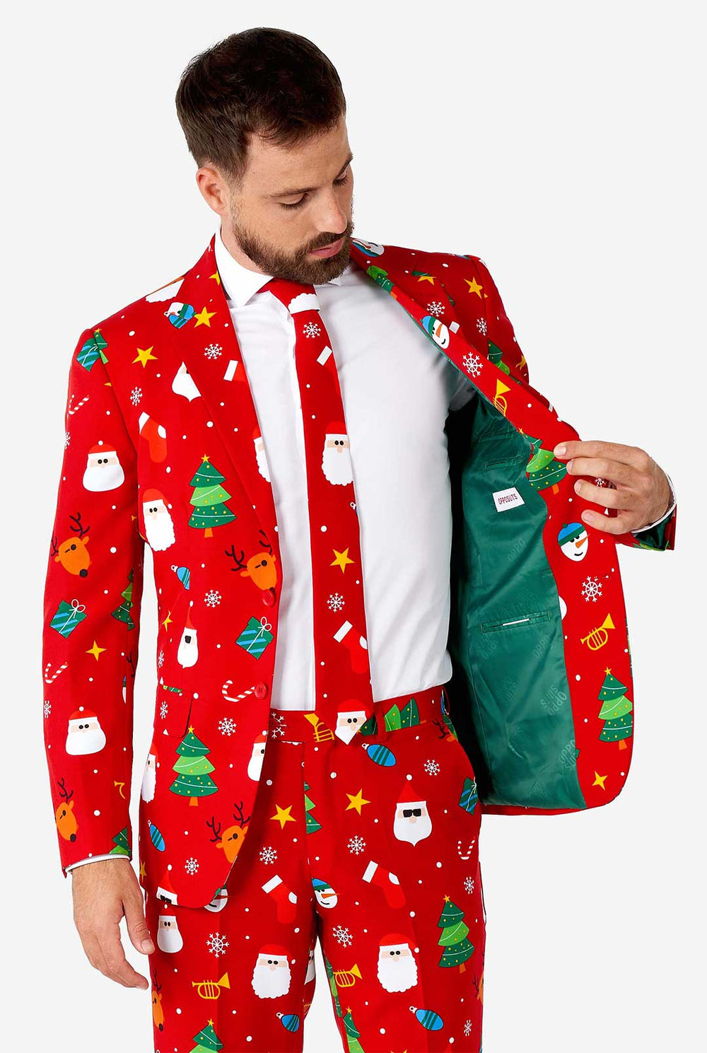 Man draagt ​​een rood kerstpak
