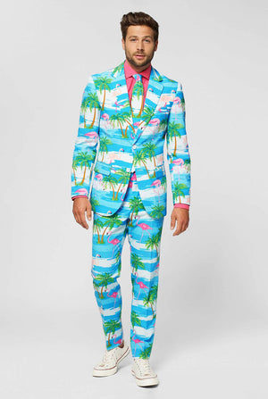 Blauw en wit herenpak met tropische flamingo print flaminguy gedragen door de mens