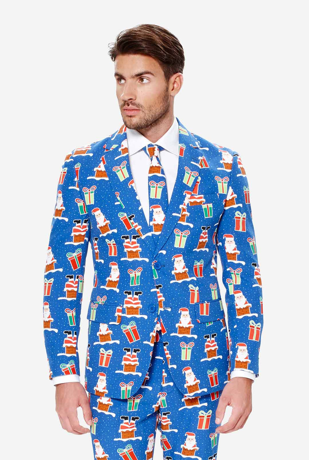 Man draagt ​​een blauw kerstpak met kerstpictogrammen