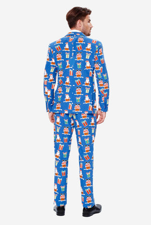 Man draagt ​​een blauw kerstpak met kerstpictogrammen, bekijk vanaf de achterkant