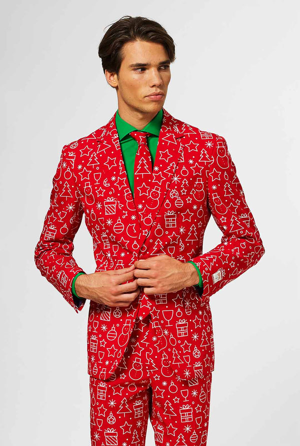 Rood kerstpak met kerstpictogramafdruk
