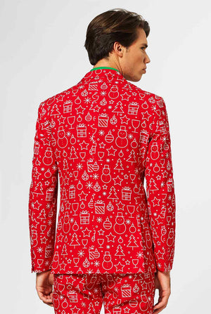 Rood kerstpak met kerstpictogram afdrukken, bekijk vanaf de achterkant
