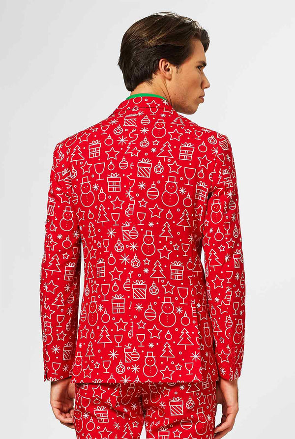 Rood kerstpak met kerstpictogram afdrukken, bekijk vanaf de achterkant