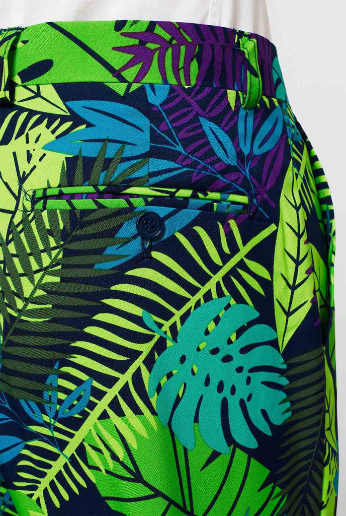 Jungle Suit broek met groene en paarse bladafdruk gedragen door de mens