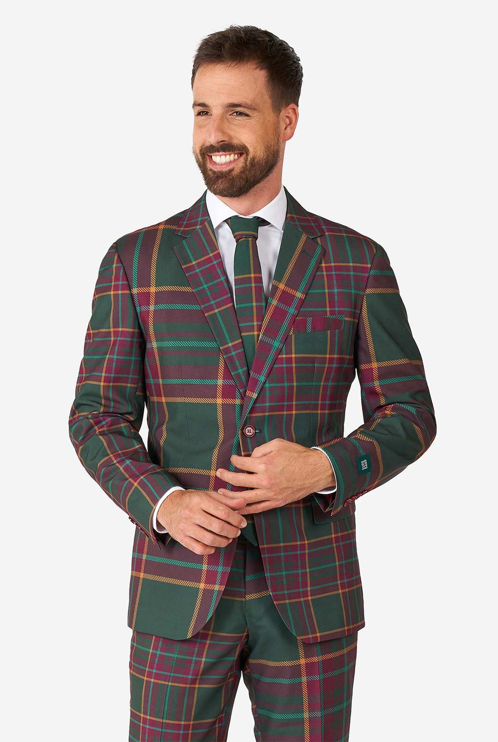 Man draagt ​​een tartan plaid kerstpak