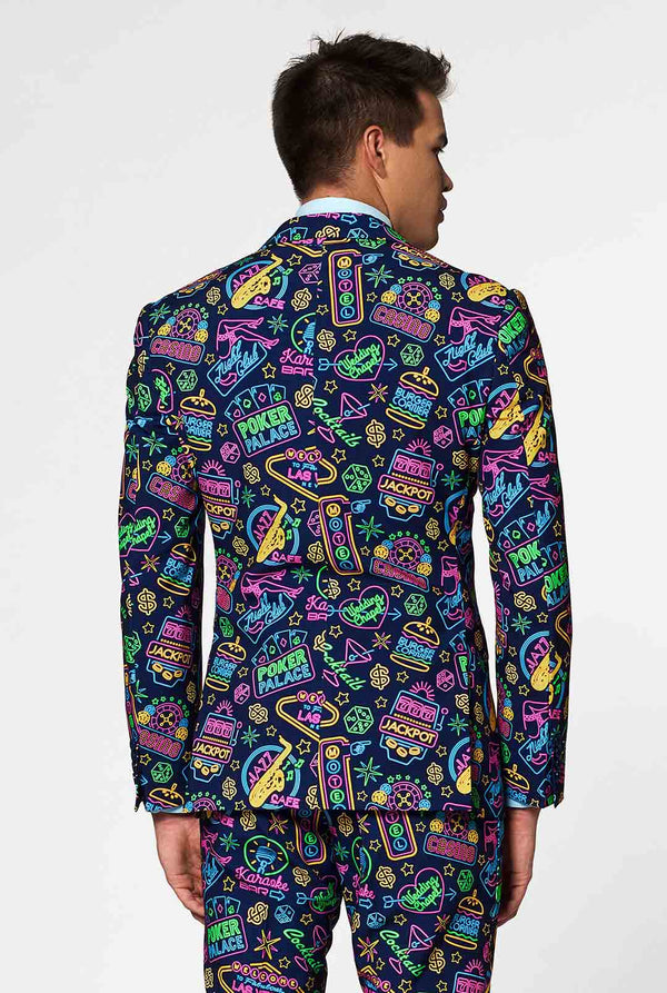 Retro Las Vegas thema Poker herenpak Mr. Vegas gedragen door de mens achterzijde van de jas