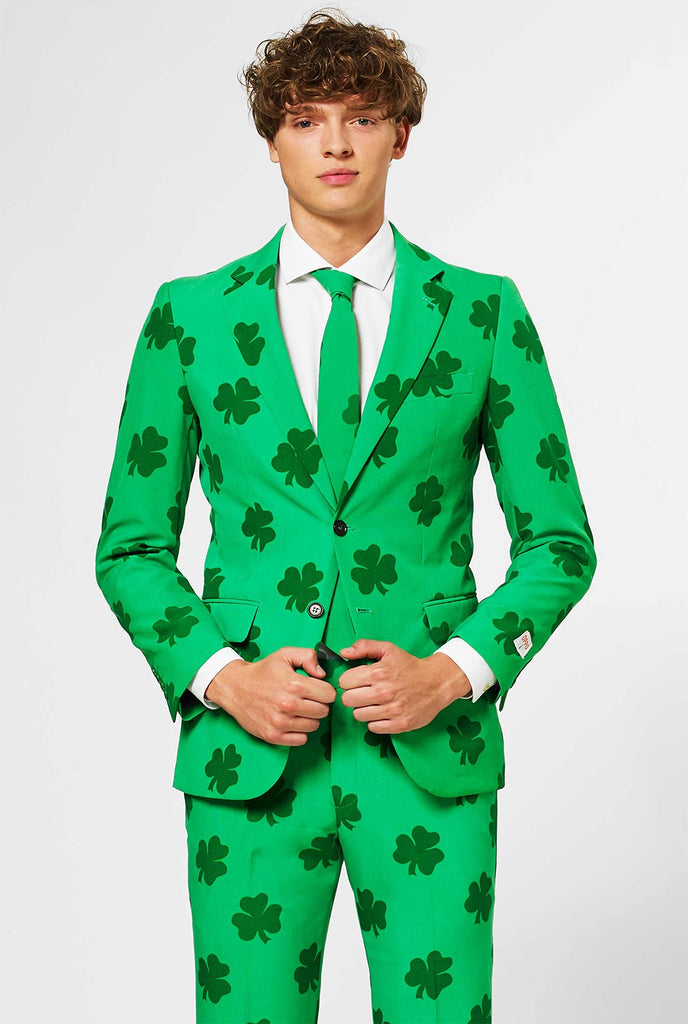Man draagt ​​Green St. Patrick's Day Heren Suit, met klaverprint
