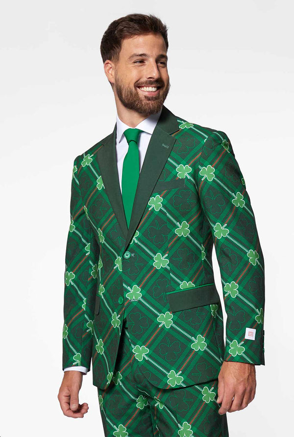 Groene plaid herenpak met drie-bladdoeken gedragen door de mens