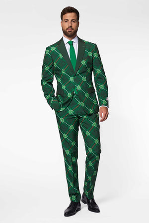 Groene plaid herenpak met drie-bladdoeken gedragen door de mens