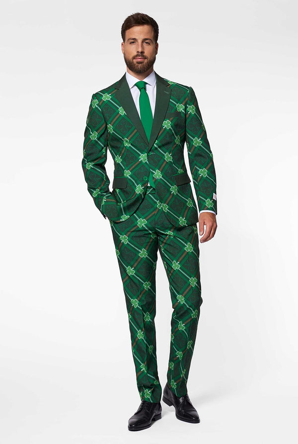 Groene plaid herenpak met drie-bladdoeken gedragen door de mens