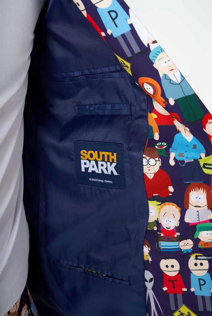 Man draagt ​​een southpark herenpak, close -up in de jas