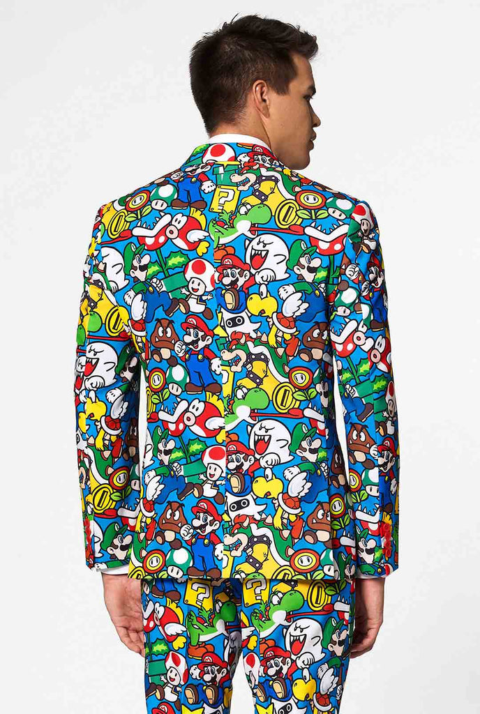 Grappig Carnaval Gaming Suit Super Mario gedragen door de achterste jas van de mens