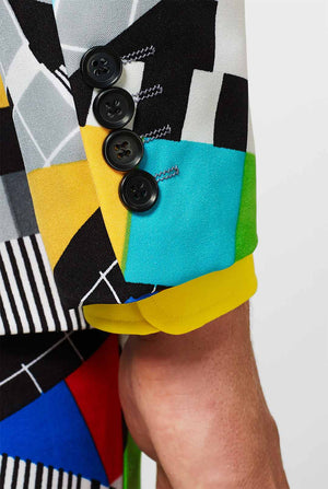 Man draagt ​​testscreen print herenpak, mouw close -up