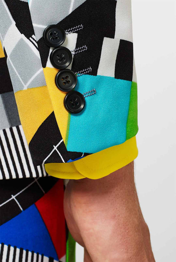 Man draagt ​​testscreen print herenpak, mouw close -up