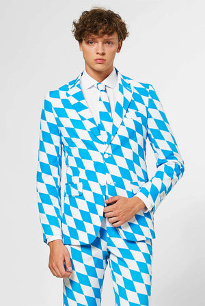 Man draagt ​​blauw en wit geruit herenpak