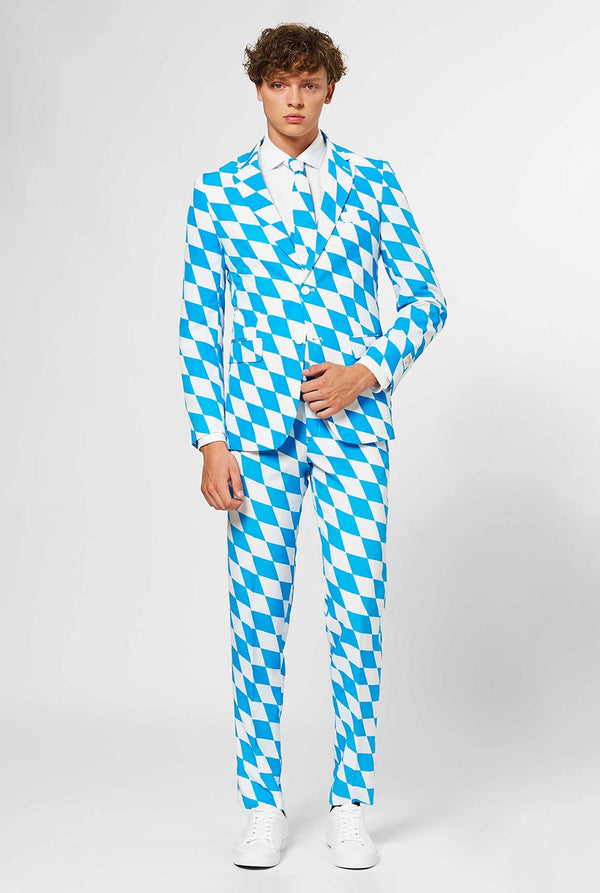 Man draagt ​​blauw en wit geruit herenpak
