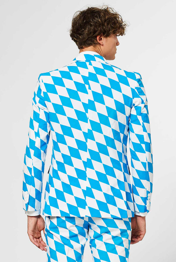Man draagt ​​blauw en wit geruit herenpak, bekijk vanaf de achterkant