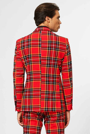 Man draagt ​​een rode kersttartan herenpak, bekijk vanaf de achterkant
