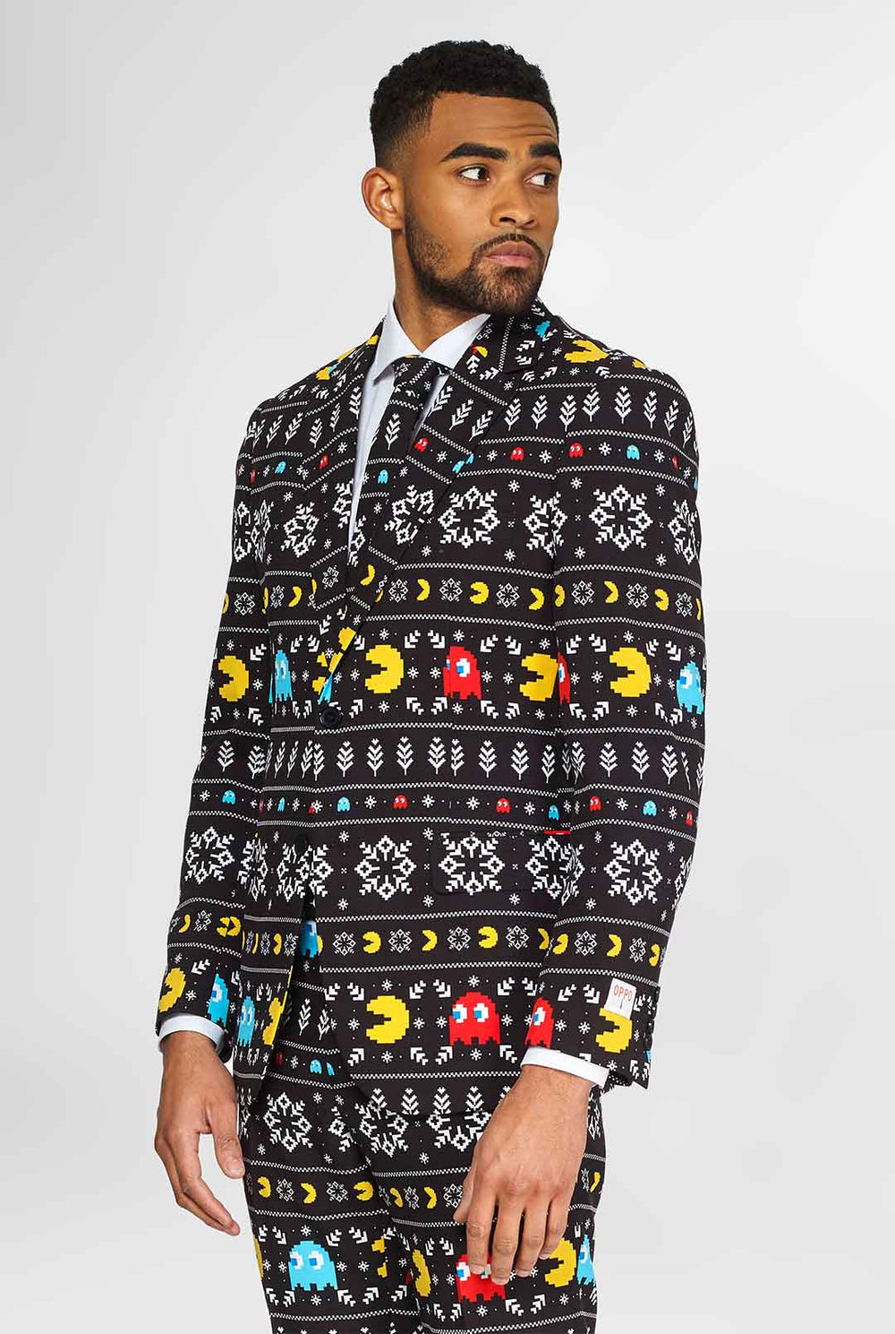 Pac-Man-pak met kerstthema gedragen door de mens