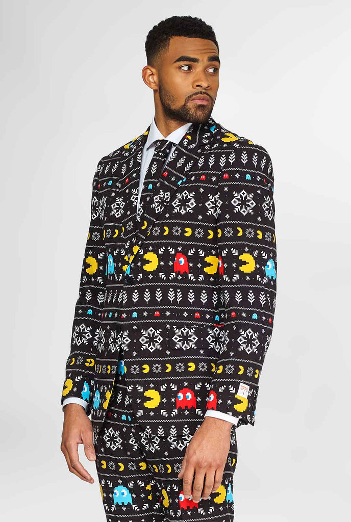 Pac-Man-pak met kerstthema gedragen door de mens