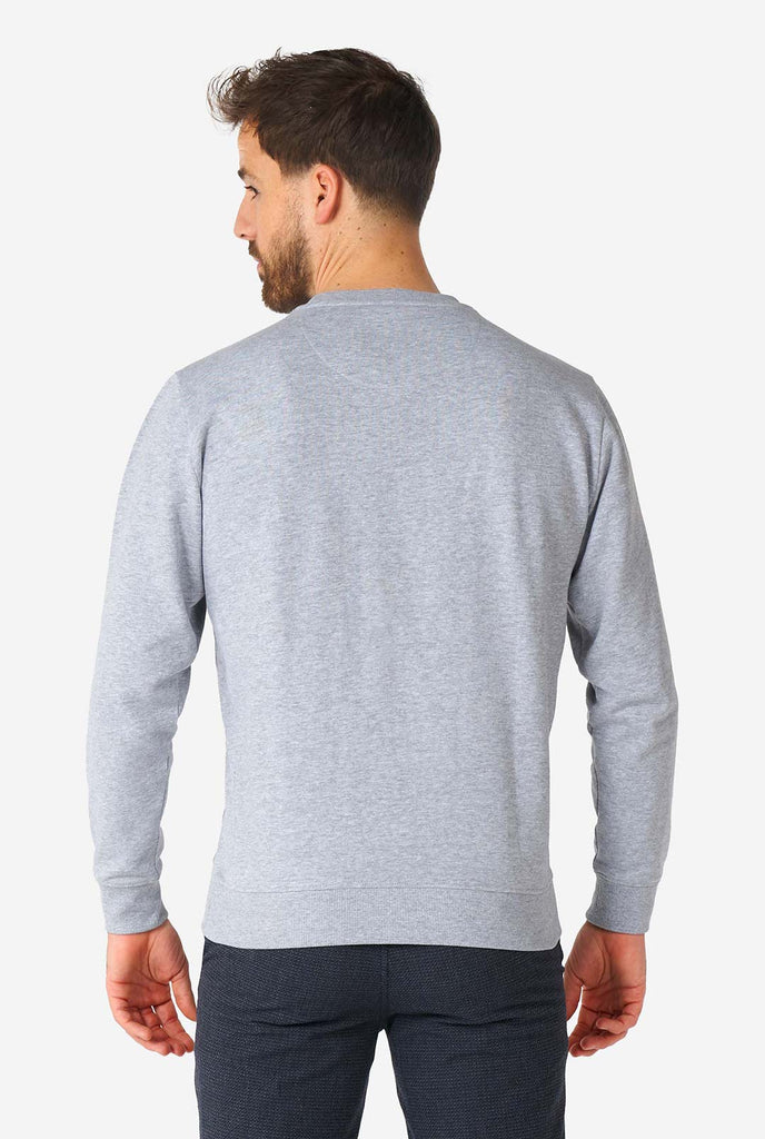 Man draagt ​​een grijze trui met chenille rock, papier, schaar borduurwerk, uitzicht vanaf de achterkant