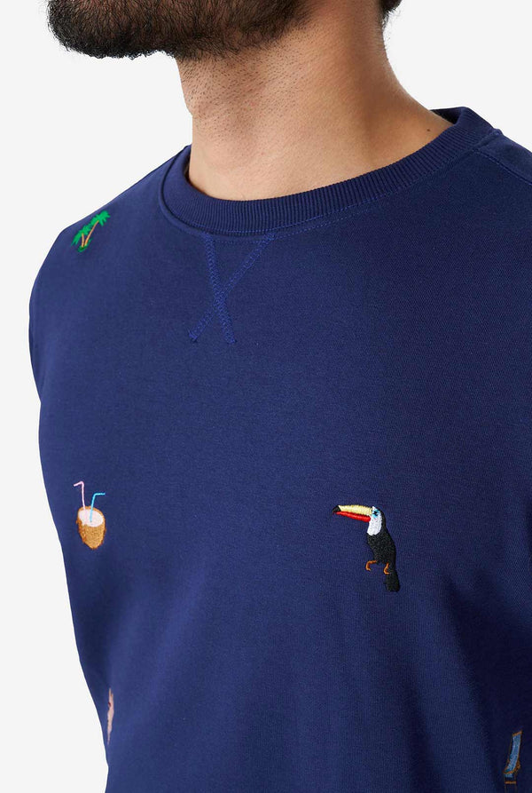 Man draagt ​​een blauwe trui met zomerpictogrammen, close -up