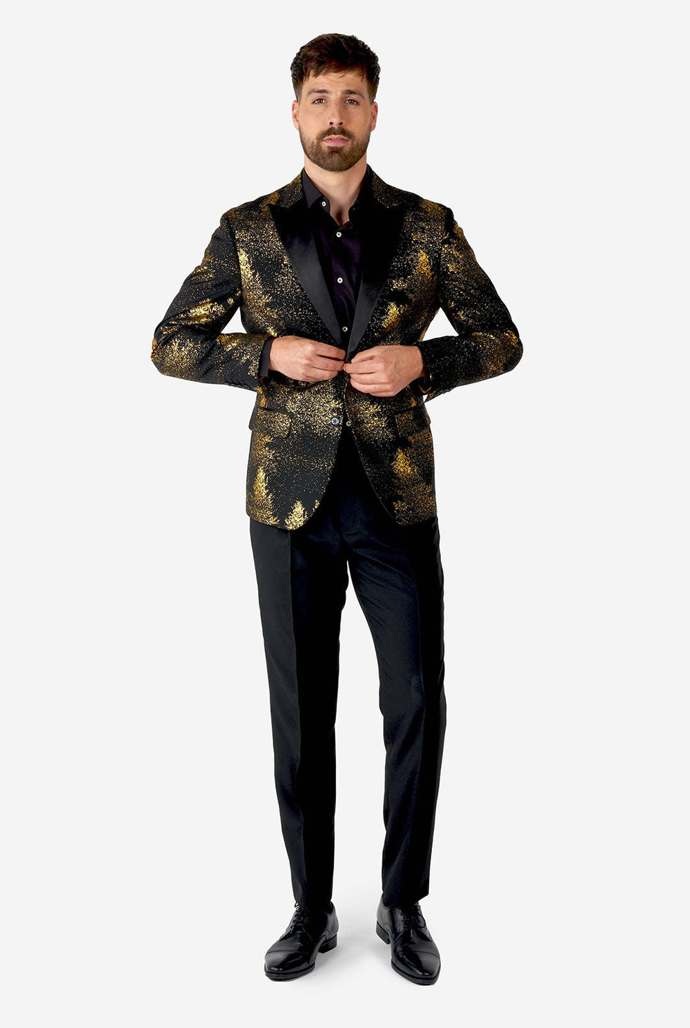 Man draagt ​​zwarte blazer met gouden kerstboomafdruk