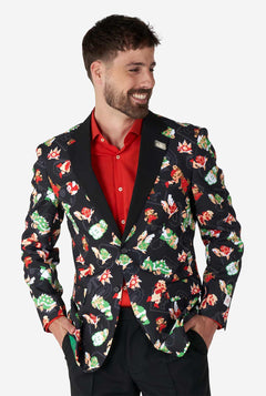 Man draagt ​​zwarte blazer met retro super mario -personages afdrukken