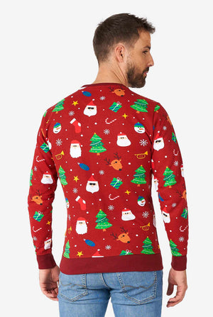 Man draagt ​​een rode kersttrui met kerstpictogrammen, bekijk vanaf de achterkant