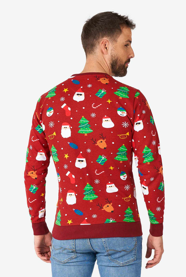 Man draagt ​​een rode kersttrui met kerstpictogrammen, bekijk vanaf de achterkant