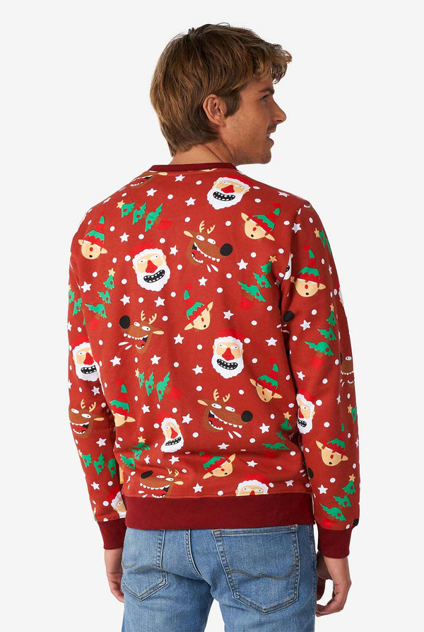 Man draagt ​​een rode kersttrui met kerstpictogrammen, bekijk vanaf de achterkant
