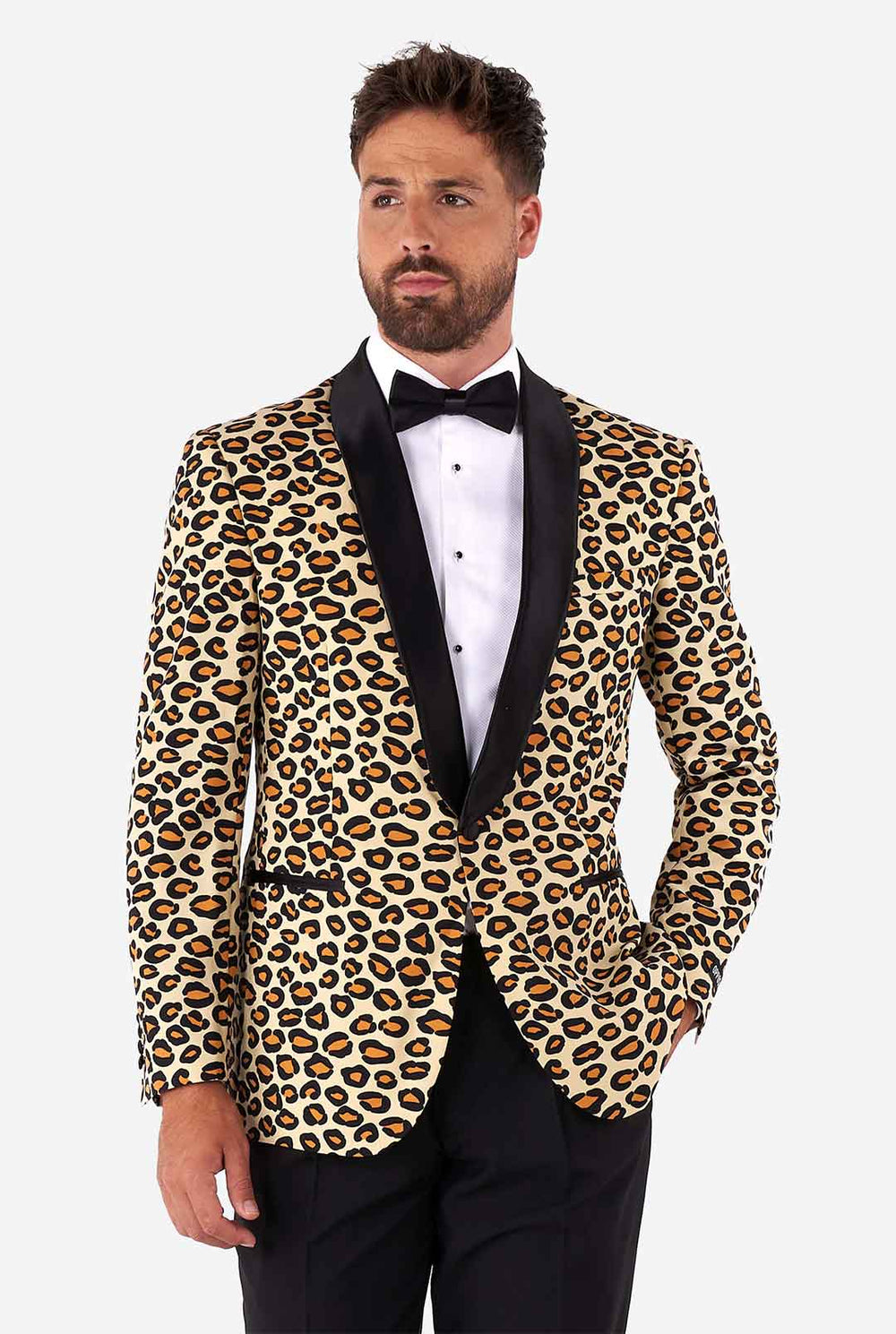 Man draagt ​​smoking met jaguar printjack