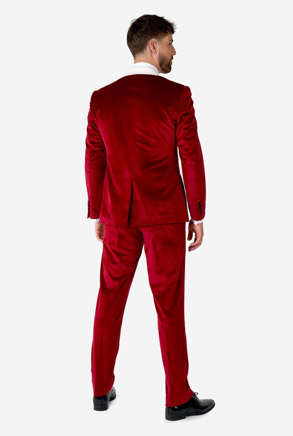 Man draagt ​​rode en witte kerstman kersttuxedo, bekijk vanaf de achterkant