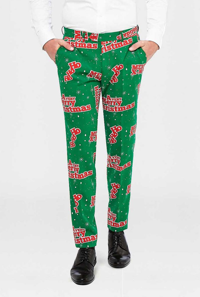 Man draagt ​​een gelukkige Holidude Christmas Suit -broek