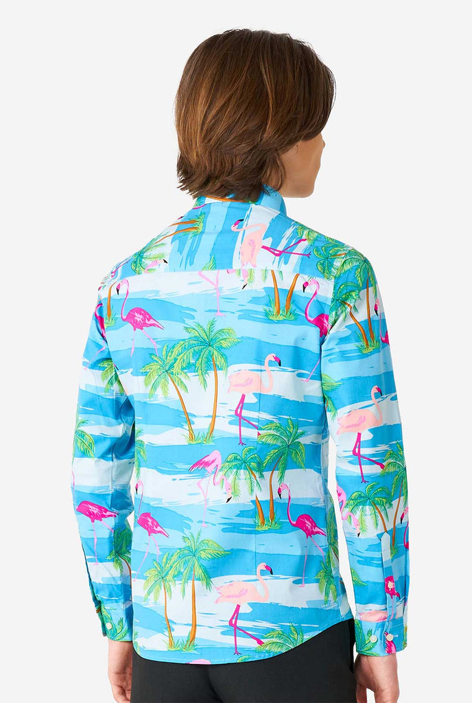 Tiener draagt ​​Hawaiiaans overhemd met tropisch flamingo -shirt, bekijk vanaf de achterkant