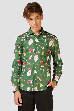 Grappig groene kerst overhirt shirt Santaboss gedragen door een tienerjongen ingezoomd