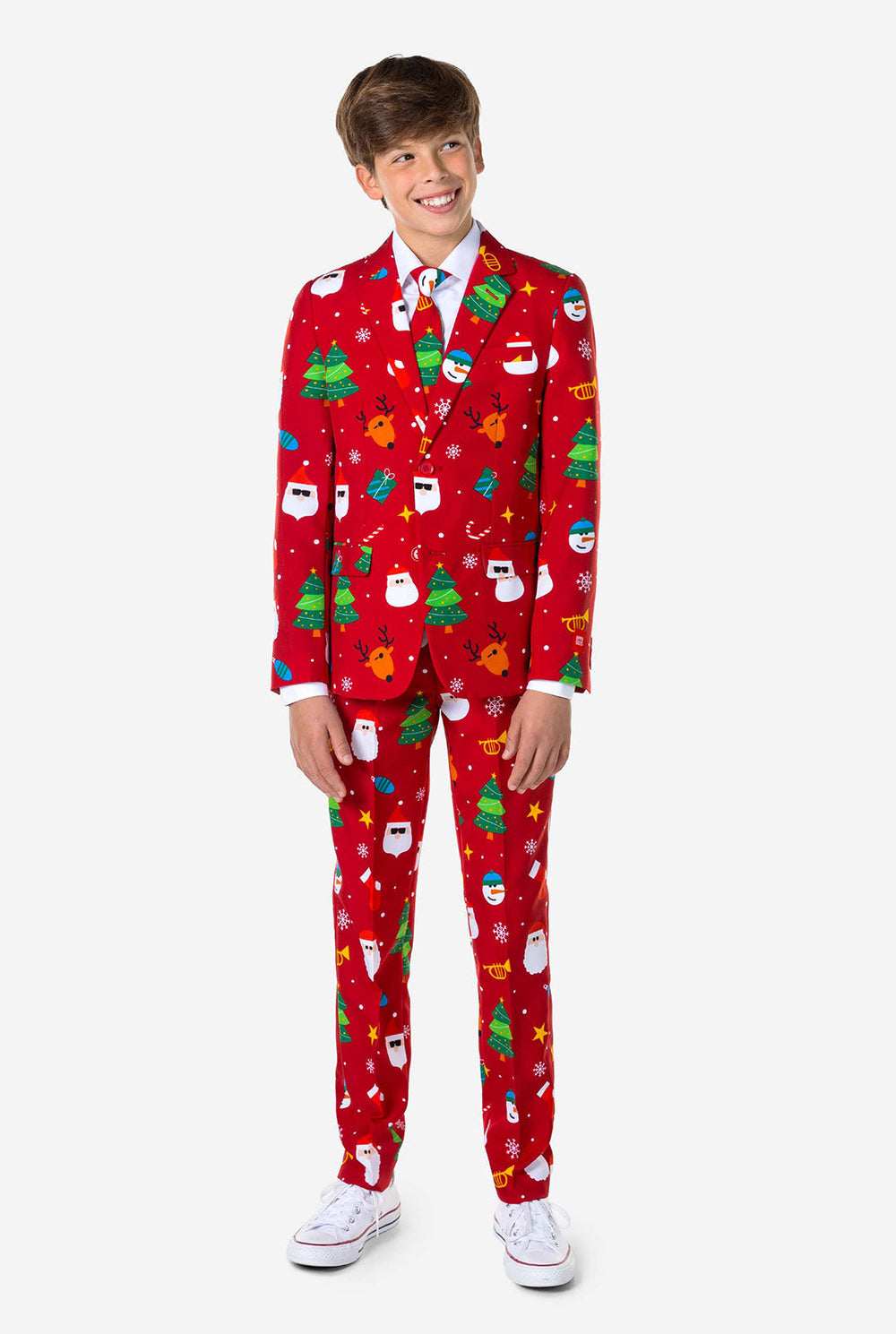 Tiener draagt ​​een formeel rood kerstpak