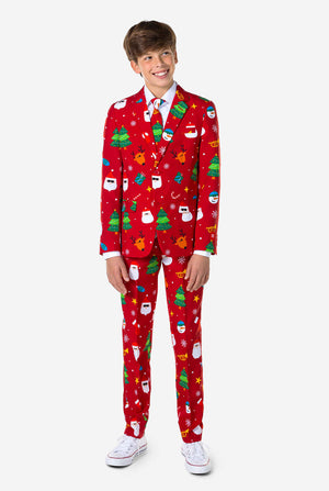 Tiener draagt ​​een formeel rood kerstpak