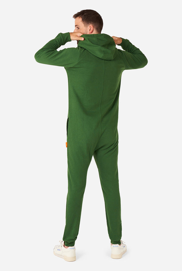 man die groene onesie draagt, bekijk vanaf de achterkant