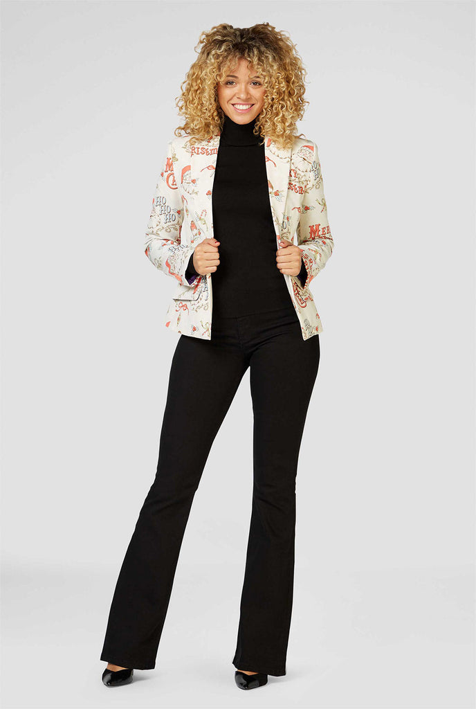 Vrouw draagt ​​retro off-white kerstblazer