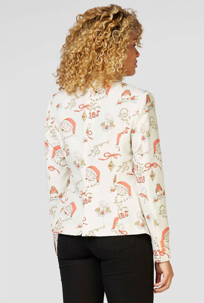 Vrouw draagt ​​retro off-White Christmas Blazer, bekijk vanaf de achterkant