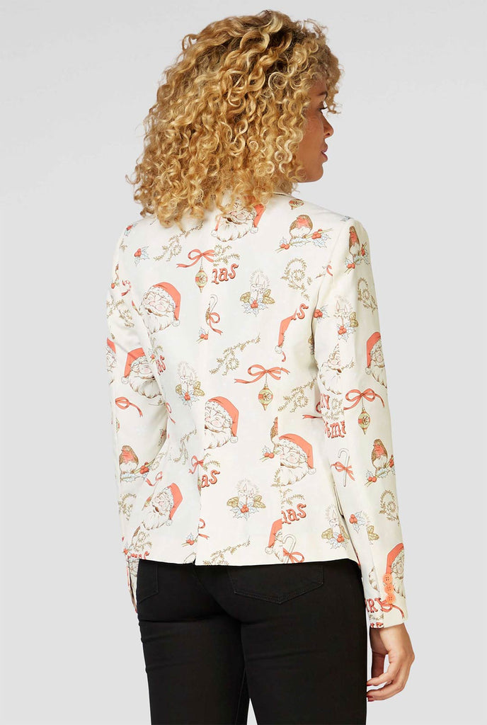 Vrouw draagt ​​retro off-White Christmas Blazer, bekijk vanaf de achterkant