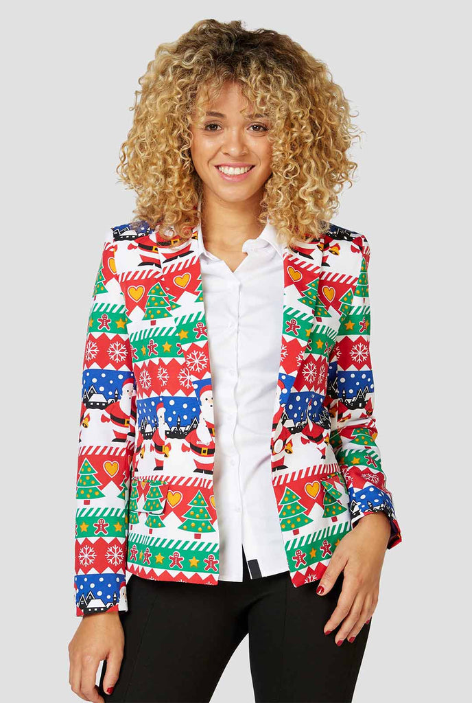 Multi -kleuren grappige kerstdruk blazer gedragen door een vrouw ingezoomde